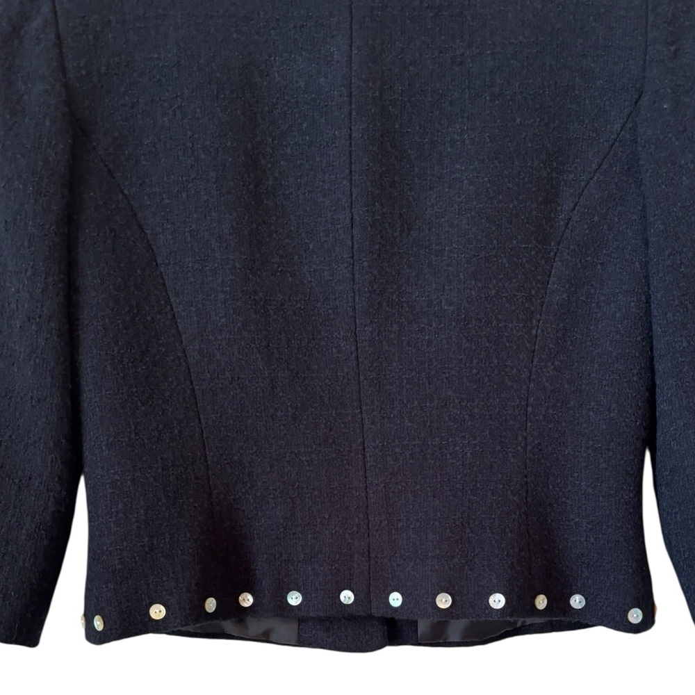 London Times Tweed Mother of Pearl Button Crop Jacket Blazer Sz 6 Black Business - Picture 10 of 13